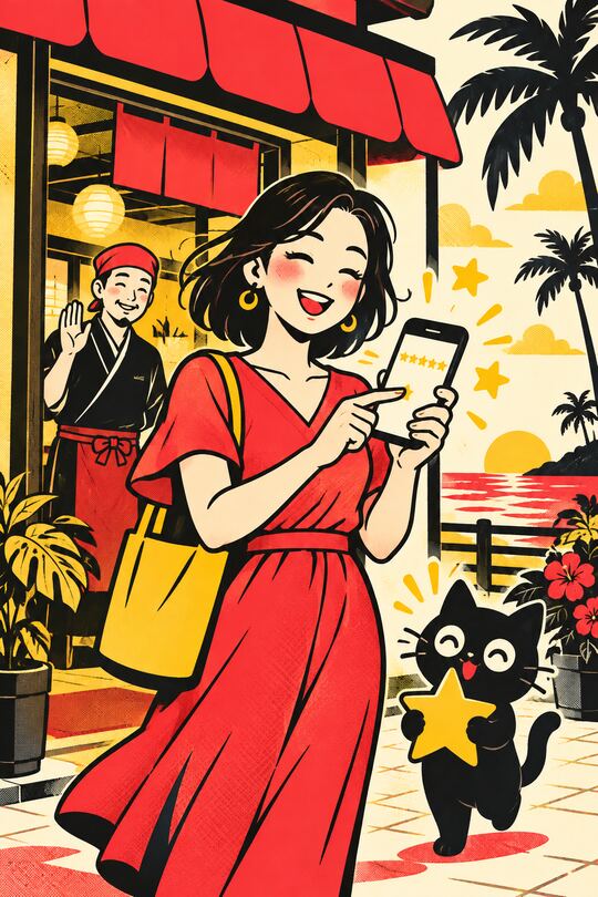 お店の前でスマホから星5つの口コミを書くお客さんのイラスト