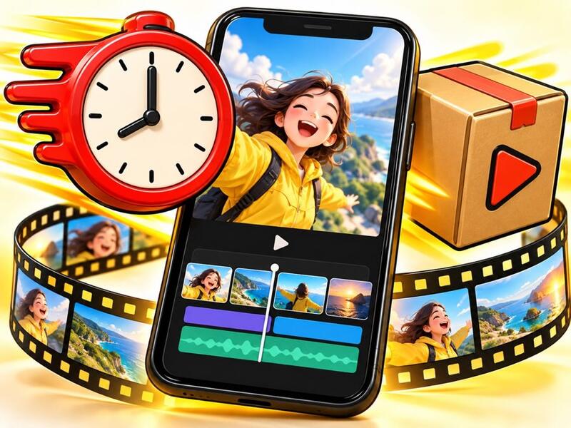 時計と動画編集画面のスマホのイラスト