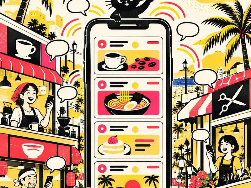 お店のいまをスマホで届けるイラスト